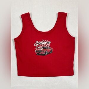 OBSESSIVE LOVE Women's Red Cropped Novelty Tank 69 Mustang Car Speedway Retro XL